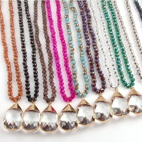 Free Shipping Fashion Bohemian Jewelry Glass Crystal Long Knotted Glass Drop Pendant Necklaces For Women