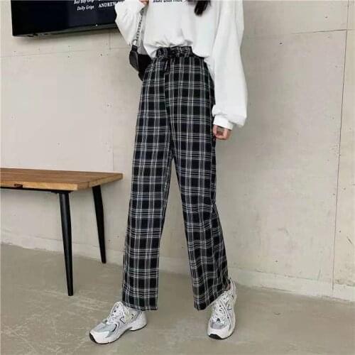 New Casual Pants Elastic Waist Plaid Straight Pants Women Students Simple Chic Office Ladies Are Matched with The Original New