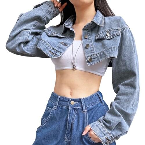 Spring Autumn Jackets Female Outerwear Ultra-Short Leaky Chest Cowboy Jackets Lady Long-Sleeved Jackets Women Streetwear