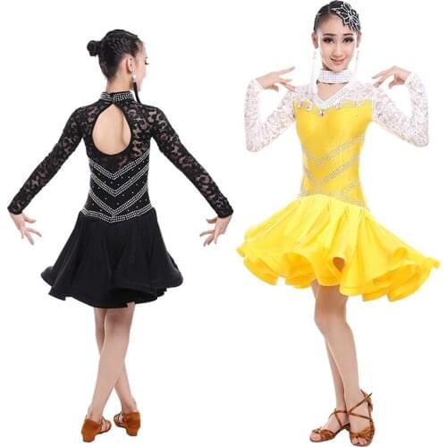 Girl Lace Long Sleeves Latin Dancewear Standard Kids Latin Competition dance Dress Children Salsa Ballroom Dancing costumes