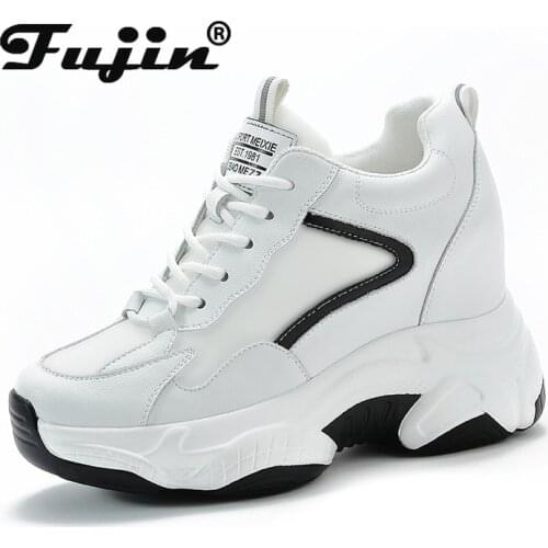 Fujin Platform Wedge 9cm Height Increased Heel Women Shoes Ankle Boots Split Leather Breathable Light Weight Sneakers Booties