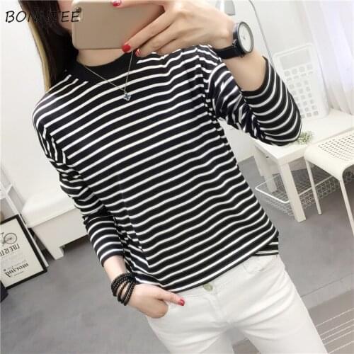 T-shirts Women Long Sleeve Striped Leisure All-match Korean Style Slim Womens Clothing Comfortable Spring Students Fashion Daily