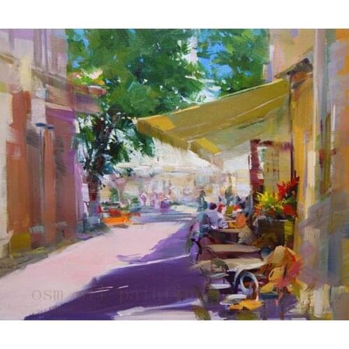 Handmade Colorful Art Summer Cafe City Painting Hand-painted Abstract Bright Artwork Cityscape Canvas Wall Artwork Oil Painting