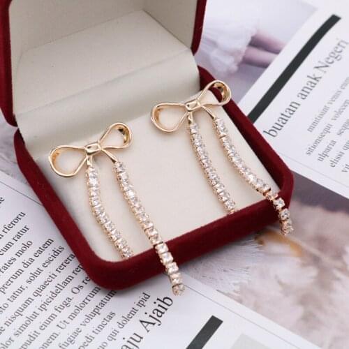 Sweet Bow Brincos Copper Zircon Stone Earring Geometry Shinny Long Party Jewelry For Women Modern