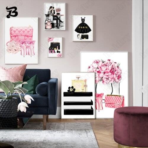 Fashion Art Canvas Painting Nordic Book Paris Perfume Dress Lipstick Handbag Posters Prints Wall Pictures for Living Room Decor