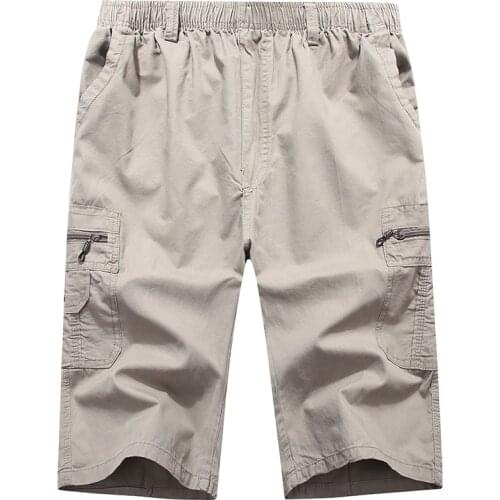 Long Shorts Men Cargo Secure Pocket Zipper Bermuda Male Knee Length Elastic Waist Loose Cotton Summer Mens Breeches 3/4 Pant Men
