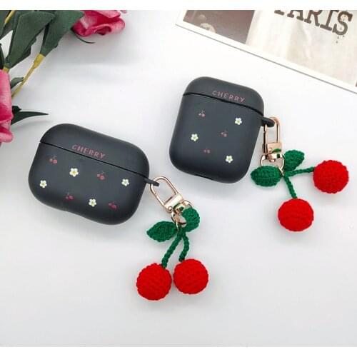 Luxury Cute Crystal Plush Cherry Keychain Soft Earphone Case For Apple AirPods 1 2 Pro 3 Bluetooth Protect Cover coque