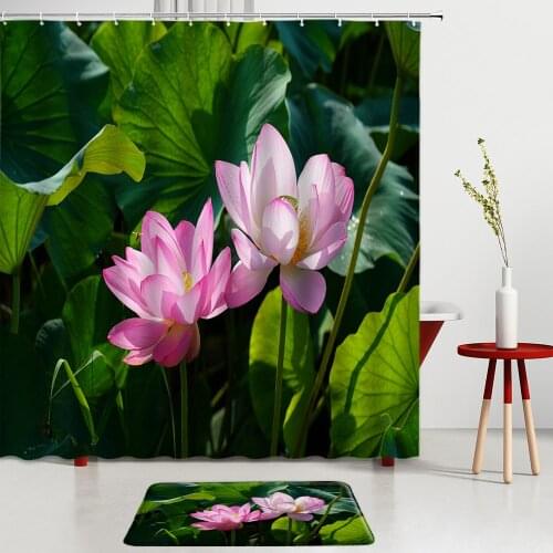 Chinese Lotus Shower Curtains Set Pink Flowers And Green Plants Bath Mats Entrance Door Mats Bathroom Rug Room Decor Carpet