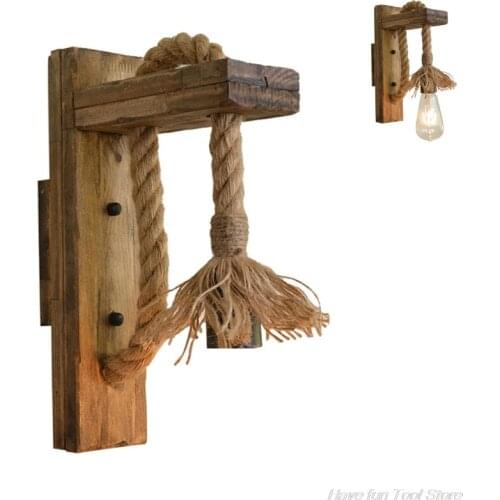 E27 American Style Pastoral Hemp Rope Wall Lamp Vintage Wooden Wall Light for Restaurant Coffee Shop Decor(Without Bulb) M06 21