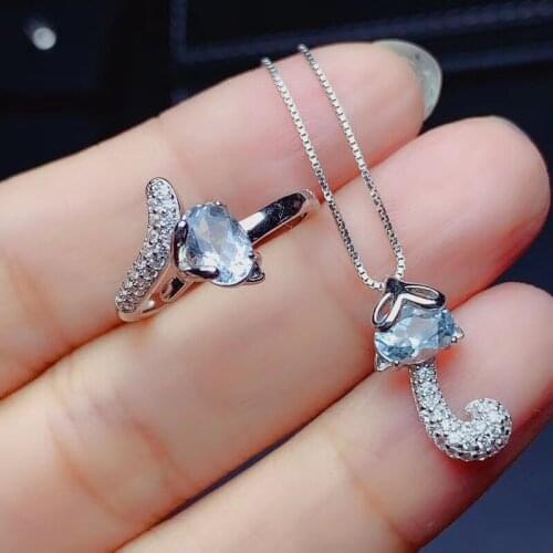 New Fashion Aquamarine Jewelry set Natural And Real Aquamarine Set 925 sterling silver Fine jewelry 1pc ring,1pc Pendant