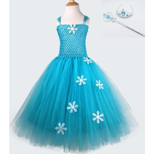 Girls Elsa Princess Tutu Dress Kids Turquoise Crochet Snow Flower Ball Gown with Crown Stick Set Children Halloween Party Dress