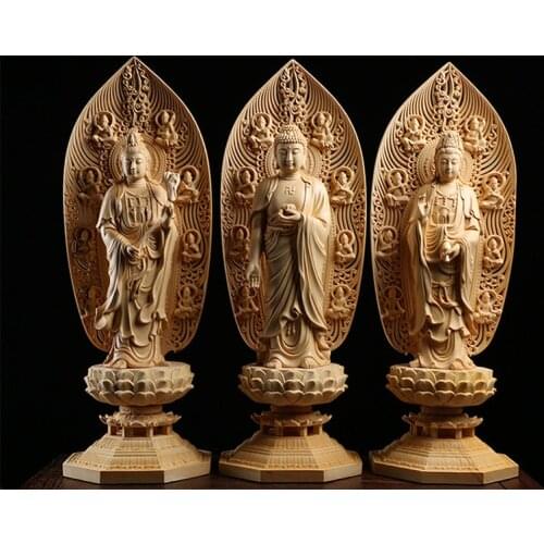 Wood carving Buddha solid wooden home feng shui Buddhist temple statue Amitabha Guanyin Bodhisattva Western Gods budha light