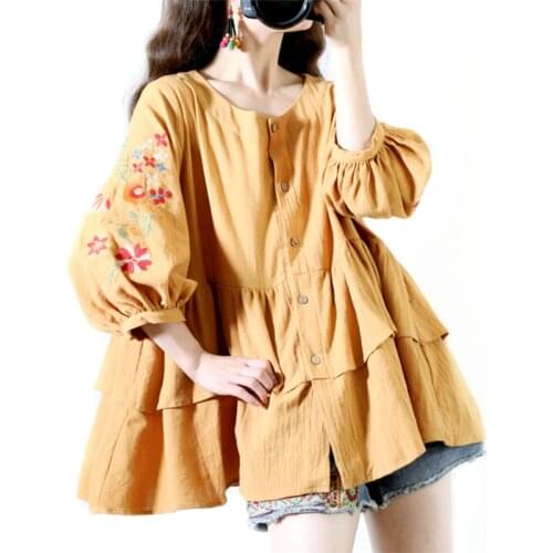 Original Desgin Mori Girl Embroidered Lantern Sleeve Ruffled Oversized Shirt for Fat Women Cotton Linen Doll Shirt Tops Cardigan