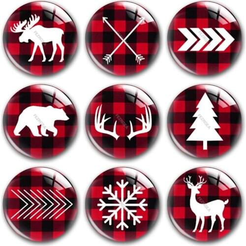 Handmade Christmas X-Mas Buffalo Plaid Hike Round Photo Glass Cabochons Demo Flat Back DIY Jewelry Making Findings Accessory
