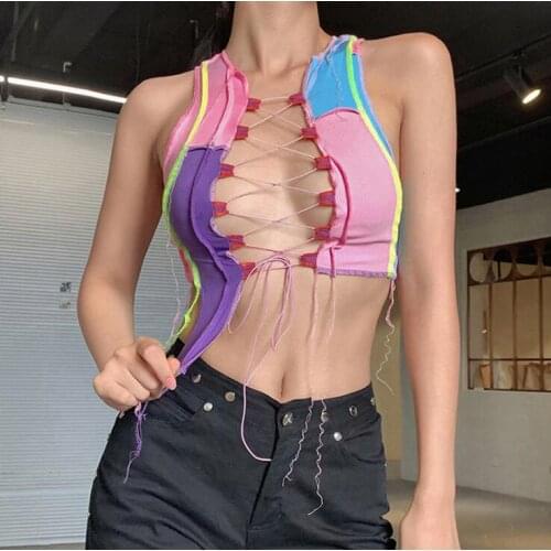 Sexy holes cut-out tassel bandage tops 2020 summer fashion patchwork mesh fabric tees Gothic activity cool slim sleeveless tshir