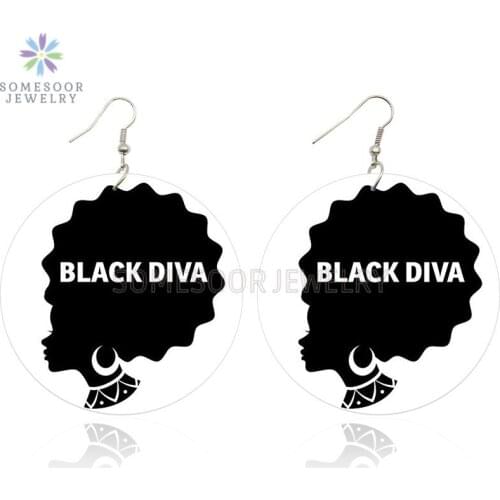 SOMESOOR Both Sides Print Black Diva Lady Loops Natural Hair African Wooden Drop Earrings Afro Ethnic Jewelry For Women Gifts