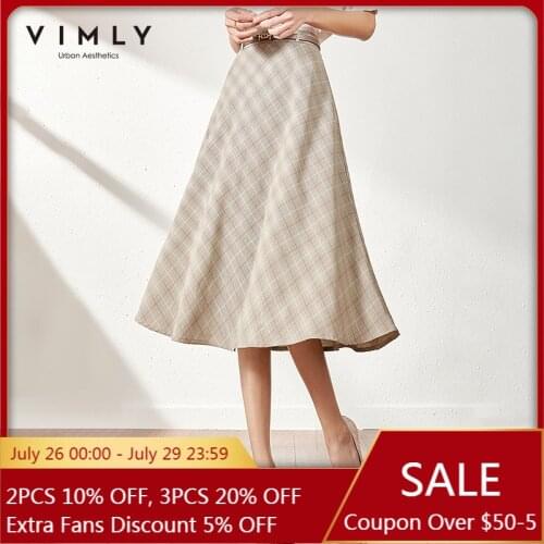 VIMLY New Summer Women Skirts Elegant High Waist Ladies Plaid Skirt Vintage Sundress Women Long Skirt Female Faldas F7395