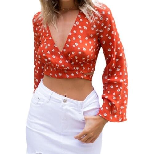 New 2020 Casual Women´s V-neck Flared Sleeve Chiffon Full Flare Sleeve Shirt Short Cross Lace-Up Flower Printed Blouse