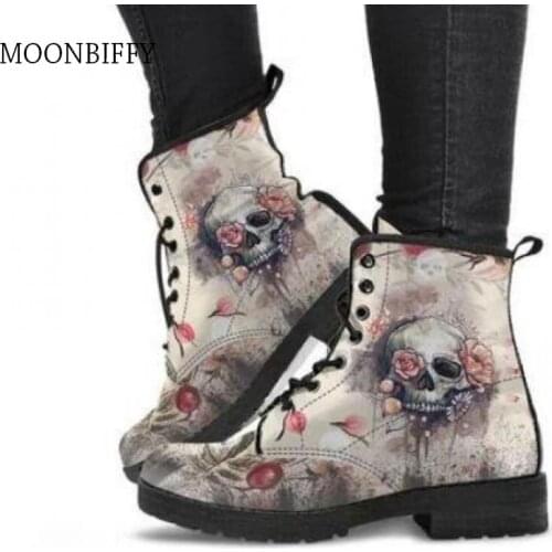 Women Ankle Boots Low Heels Shoes Woman Vintage Pu Leather Autumn Warm Winter High Snow Boots Motorcycle Skull Pansy