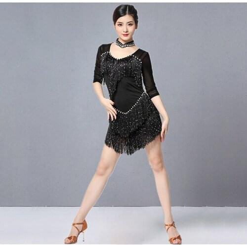 2020 Women Dance Clothes Ballroom Dress Samba Costume Party Dresses Sheer Mesh Stretchy Sequins Fringes Latin Dress Necklace