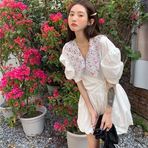 Woman Dress Doll Collar Stitching Dress Female Summer Design Sense Suspender Waist Thin Puffy Sleeve A-line Skirt