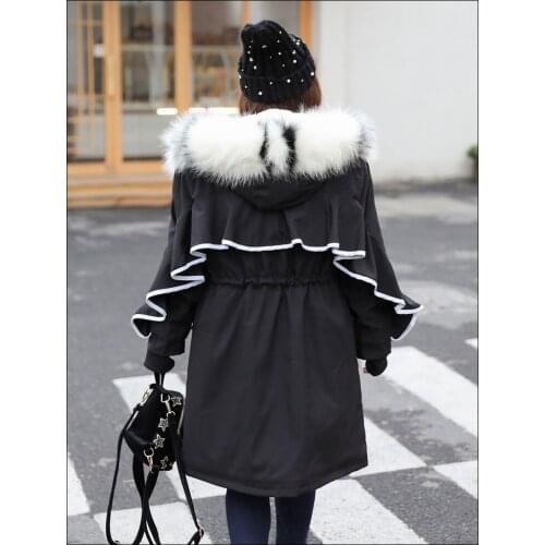 8XL Oversized Winter Coat Women Fashion Big Fur Collar Ruffle Long Cotton Liner Hooded Parka Women Plus Velvet Warm Jacket Coat