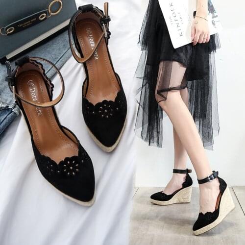 European and American Wedge 2021 New Sandals Skirt Hollow Single Shoes Womens Fashion Pointed High Heels Thick Bottom Straw