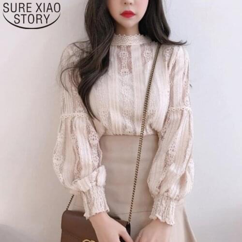 Blusas Mujer De Moda 2021 Long Sleeve Pink Ladies Tops Spliced Solid Stand Women Tops Lace Blouse Shirts for Women Tops 6899 50