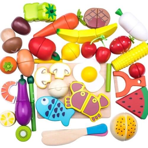 Wooden Cutting Cooking Food Sets Magnetic Wood Vegetables Fruits Pretend Play Kitchen Kits Toy Early Development Learning Gifts