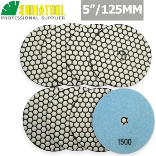 SHDIATOOL 8pcs 5" Grit #1500 B Diamond dry polishing pads 125mm Sanding Disc For Granite Marble Stone Polisher Pad