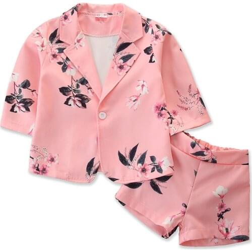 Baby Girl Floral Coat, Shorts Suit, Fall Long Sleeve Lapel Collar Buttons 2pcs Sports Formal Party Casual Wear Clothes Set