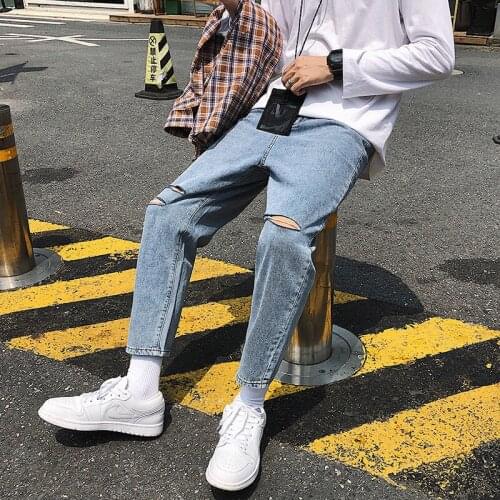 Jeans mens loose straight leg Korean style trend Hong Kong style cut wide-leg cuffed button casual pants