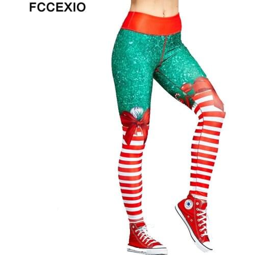 FCCEXIO Striped Bow Lace Print Xmas Leggings Elastic High Waist Leggings Breathable Christmas Pants Women Fitness Leggings Noel