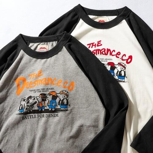 American Retro Long Sleeve O-neck Print T-shirt Mens Fashion Contrast Splicing Raglan Sleeve Pure Cotton Washed Old Casual Tops