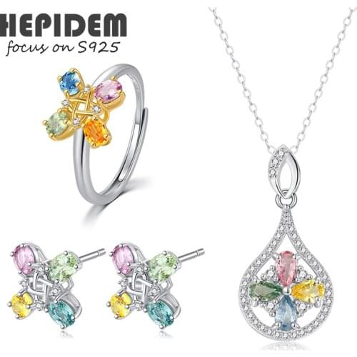 HEPIDEM 100% Sapphire 925 Sterling Silver Necklace Rings Earrings 2022 Women Crystal Stone Gemstones S925 Fine Jewelry Set 1201