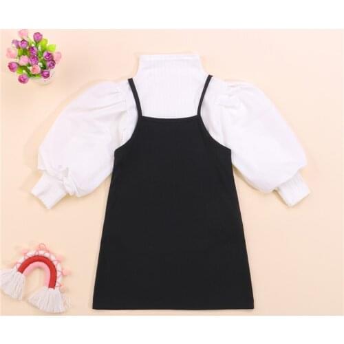 2 Pieces Kids Suit Set Solid Color Mock Neck Long Puff Sleeve Ribbed Tops+ Slip Dress for Toddler 1-6 Years
