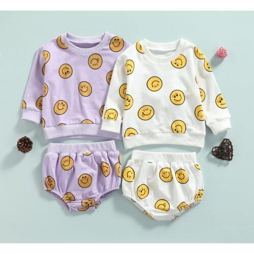 Newborn Girl Boy Smile Print Clothes Set, Long Sleeve O-neck Pullover Tshirts Elastic Waist Short Babys Clothing Sets