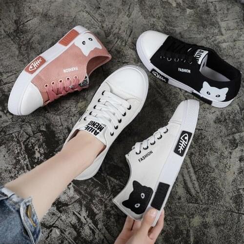 Womens Sneakers, White Sport Shoes, Korean Style Casual Canvas Shoes with Cute Cartoon Cat Patterns