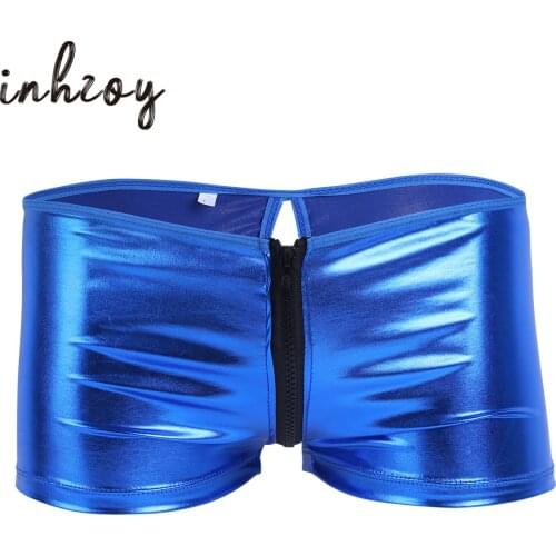 Mens PU Leather Boxer Sexy Low-Rise Zipper Closure Back Hole Shorts Underpants Gay Club Erotic Pole Dance Panties