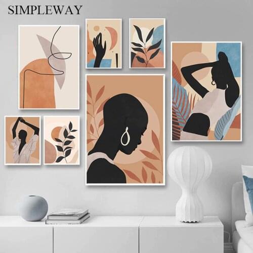 Black Africa Woman Canvas Wall Print Painting Boho Moon Sun Hand Art Poster Vintage Abstract Leaf Picture Modern Room Home Decor