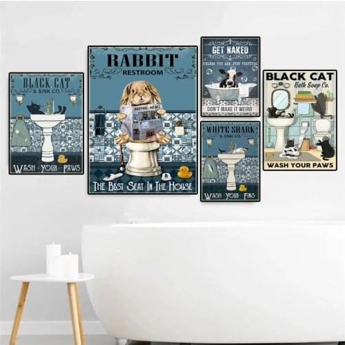Black Cat Shark Rabbit Animals Poster Get Naked Quote Print Bathroom Wall Art Toilet Canvas Painting Pictures Room Wall Decor