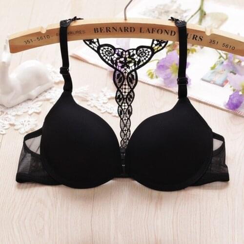 Underwear solid color front button glossy sexy embroidery Y type beauty back girl underwear fashion gathering Womens bra