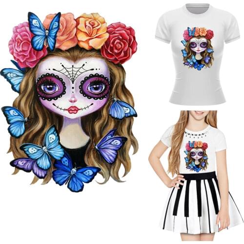 Flower Girl Patches Iron On Clothes Beauty Skull Style Heat Transfer Stickers Clothing Applique Decro Patch DIY Decal For Fabric