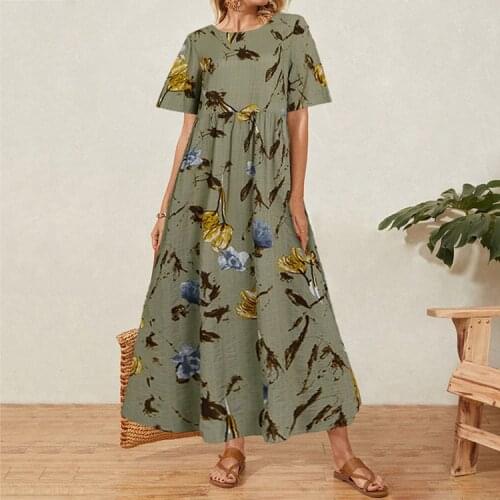 Mid-length Dress Women 2021 New Round Neck High Waist Temperament Cotton and Linen Printed Short-sleeved Plus Size Dress