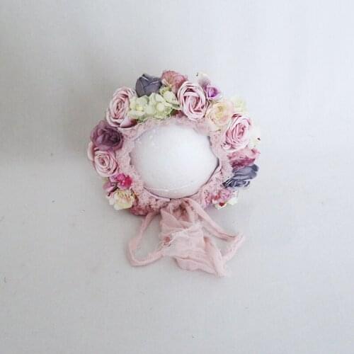Pink Floral Bonnet Baby Photography Props Infant Flower Hat Baby Lace Floral Cap Newborn Shoot Prop