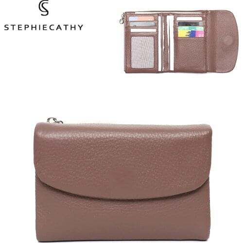 SC Women Leather Wallets Classic Trifold Money Bag Functional Coin Purse Brand Design Female Casual Cowhide Card Holder Clutches