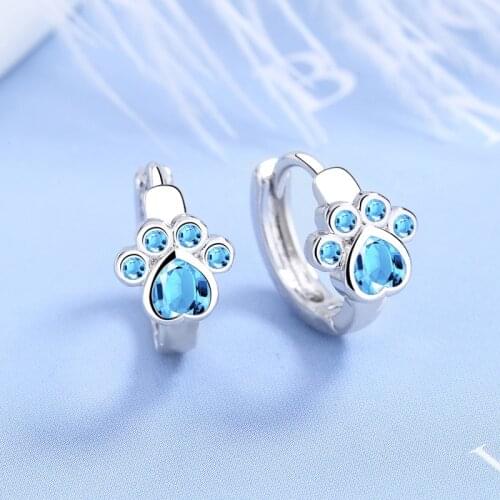 Trendy Aqua Blue Crystal Heart Stone Earrings Charm Female Cat Paw Hoop Earrings Classic Silver Color Wedding Earrings For Women