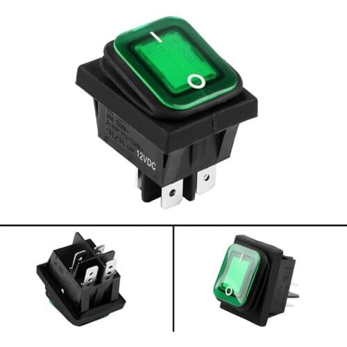 Green Rectangle Illuminated On-Off Waterproof Rocker Switch 20A DPST IP67