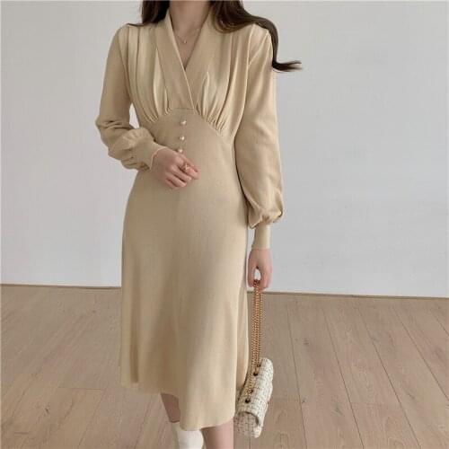 Womens Korean-style knitted bottoming dress spring and autumn 2021 New style sweater dress simple V-neck buttons plus size