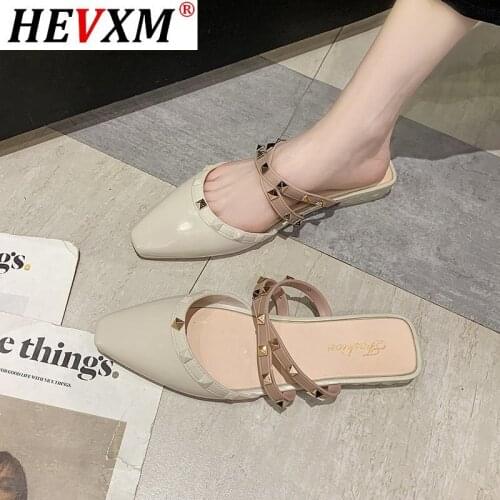 Slipper Womens Outer Wear 2021 Summer New Style All-match Baotou Flat Mule Shoes Pointed Riveting Nail Lazy Half Slippers